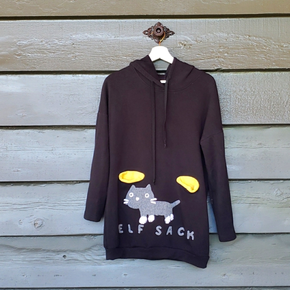 ELF SACK Cat Black Hoodie sz S Women's